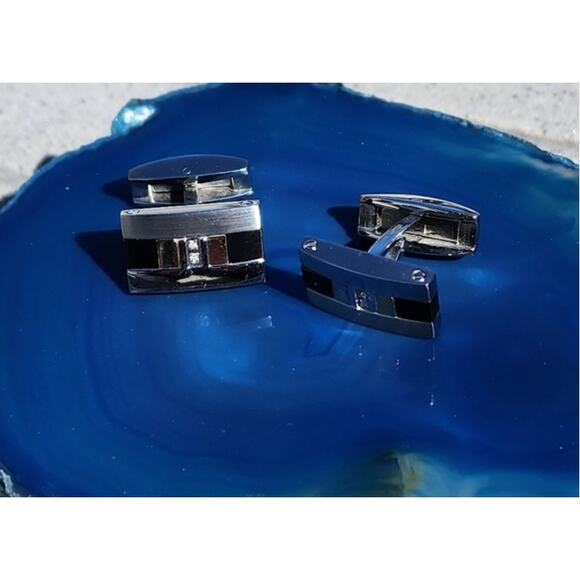 Vintage Rectangle Diamond Polished Stainless Steel Titanium 18k Gold Cufflinks - Picture 11 of 12